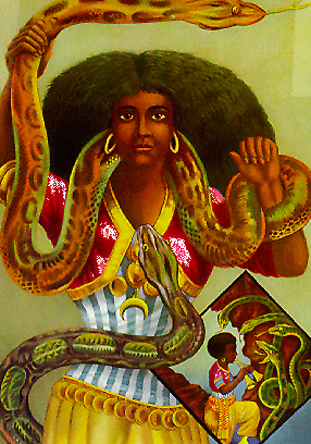 Mami Wata, a contemporary image, seen with her snakes, sans mertail.